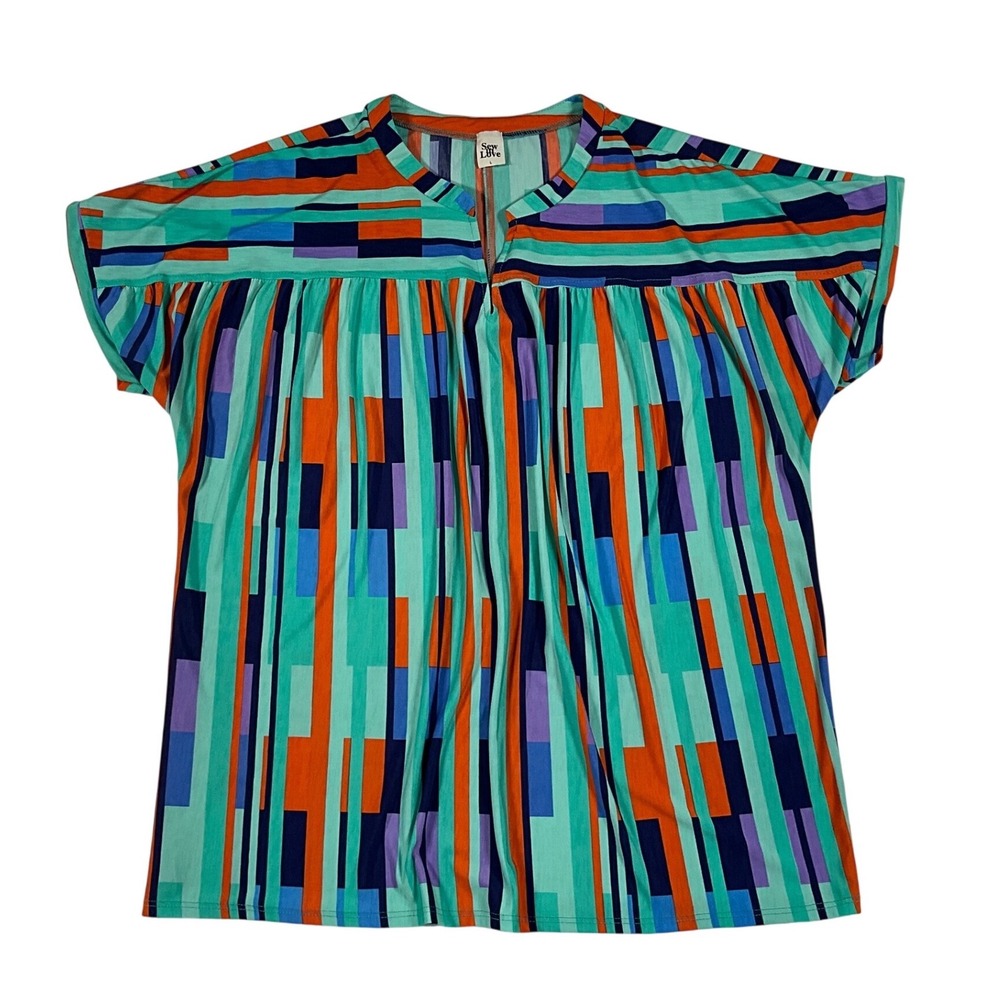 Sew In Love Womens Large Geometric Abstract Print Split Neck Short Sleeve Blouse